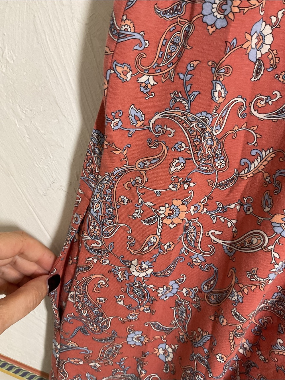 J.Jill Terracotta Paisley Pleated Notch V Neck Knit Dress Pockets Size S Petite - Picture 6 of 10